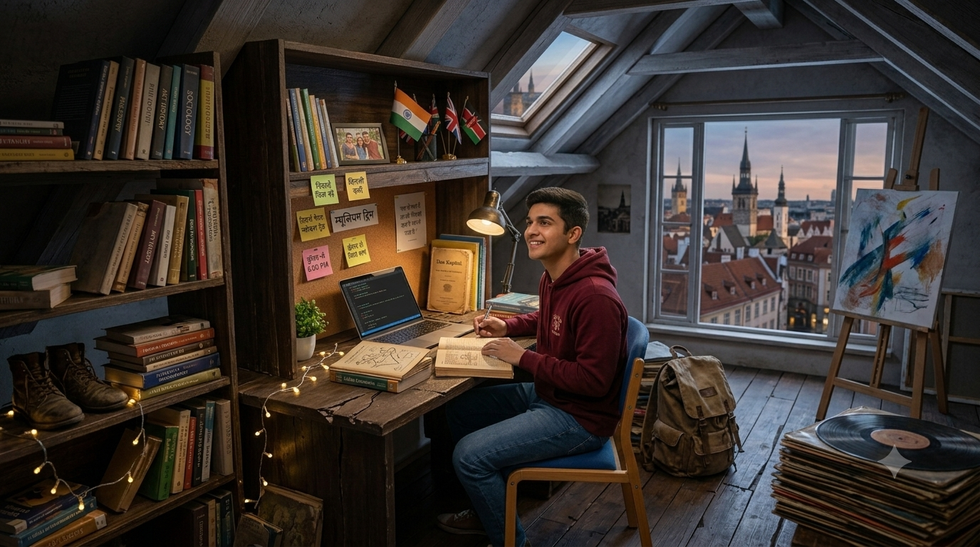 Indian student studying in hostel room managing student life away from home