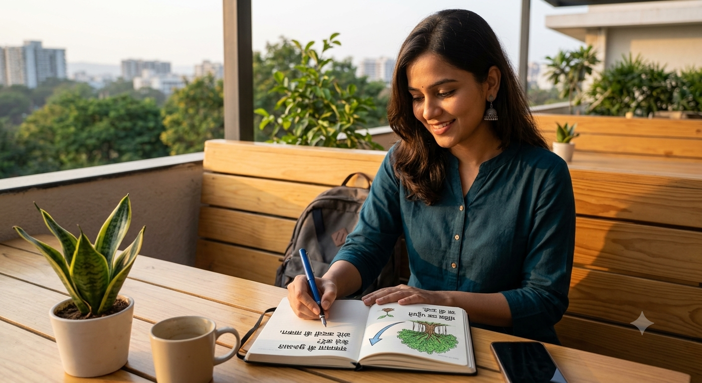 सफलता की शुरुआत कैसे करें- लक्ष्य लिखते हुए महिला
