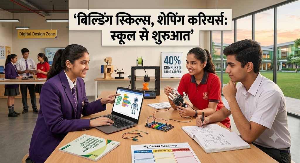 स्कूल में स्किल डेवलपमेंट और करियर गाइडेंस की तैयारी करते छात्र