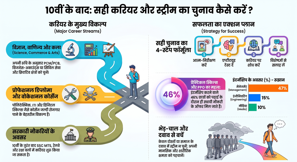 10th ke baad career options - Science, Commerce, Arts aur Diploma courses chart in Hindi