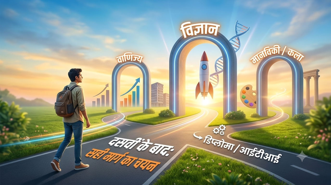 10वी के बाद सही स्ट्रीम और करियर ऑप्शन चुनने का गाइड - विज्ञान, वाणिज्य, कला और डिप्लोमा का नक्शा