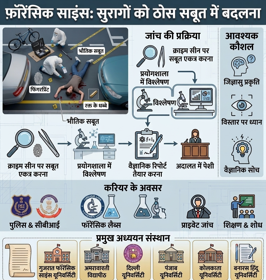 फ़ॉरेंसिक साइंस में करियर - जांच की प्रक्रिया और करियर के अवसर इंफोग्राफिक