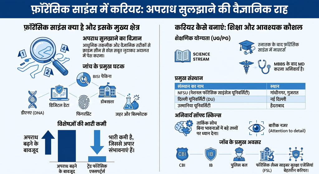 फ़ॉरेंसिक साइंस में करियर - जांच की प्रक्रिया और करियर के अवसर इंफोग्राफिक