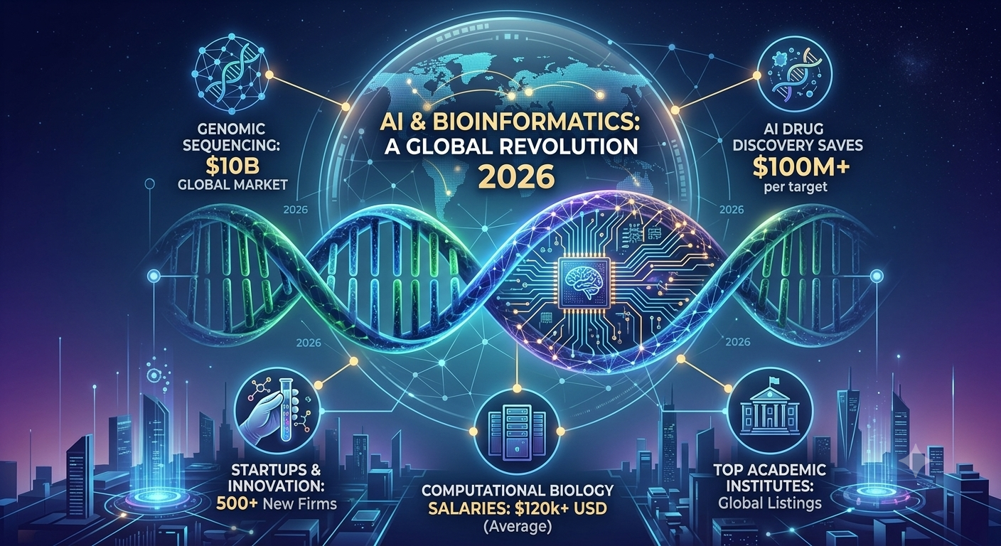 बायोइन्फॉर्मेटिक्स में करियर - डीएनए और कंप्यूटर साइंस का संगम (Bioinformatics Career Graphic)