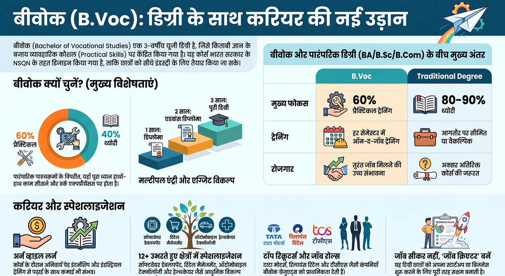 बीवोक डिग्री क्या है? b-voc-career-and-skills-pathway-mindmap-in-hindi