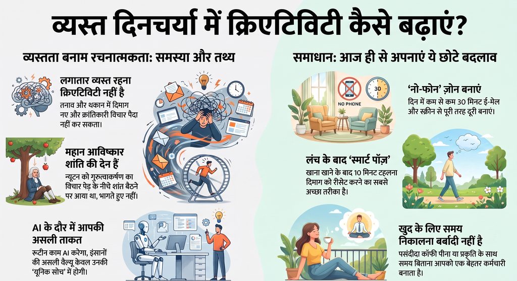 रचनात्मकता कैसे बढ़ाएं - शांति से विचार और टाइम मैनेजमेंट इंफोग्राफिक