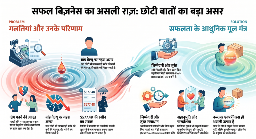 सफल बिज़नेस के लिए कस्टमर एक्सपीरियंस और बिलिंग की जांच करते ग्राहक और मैनेजर