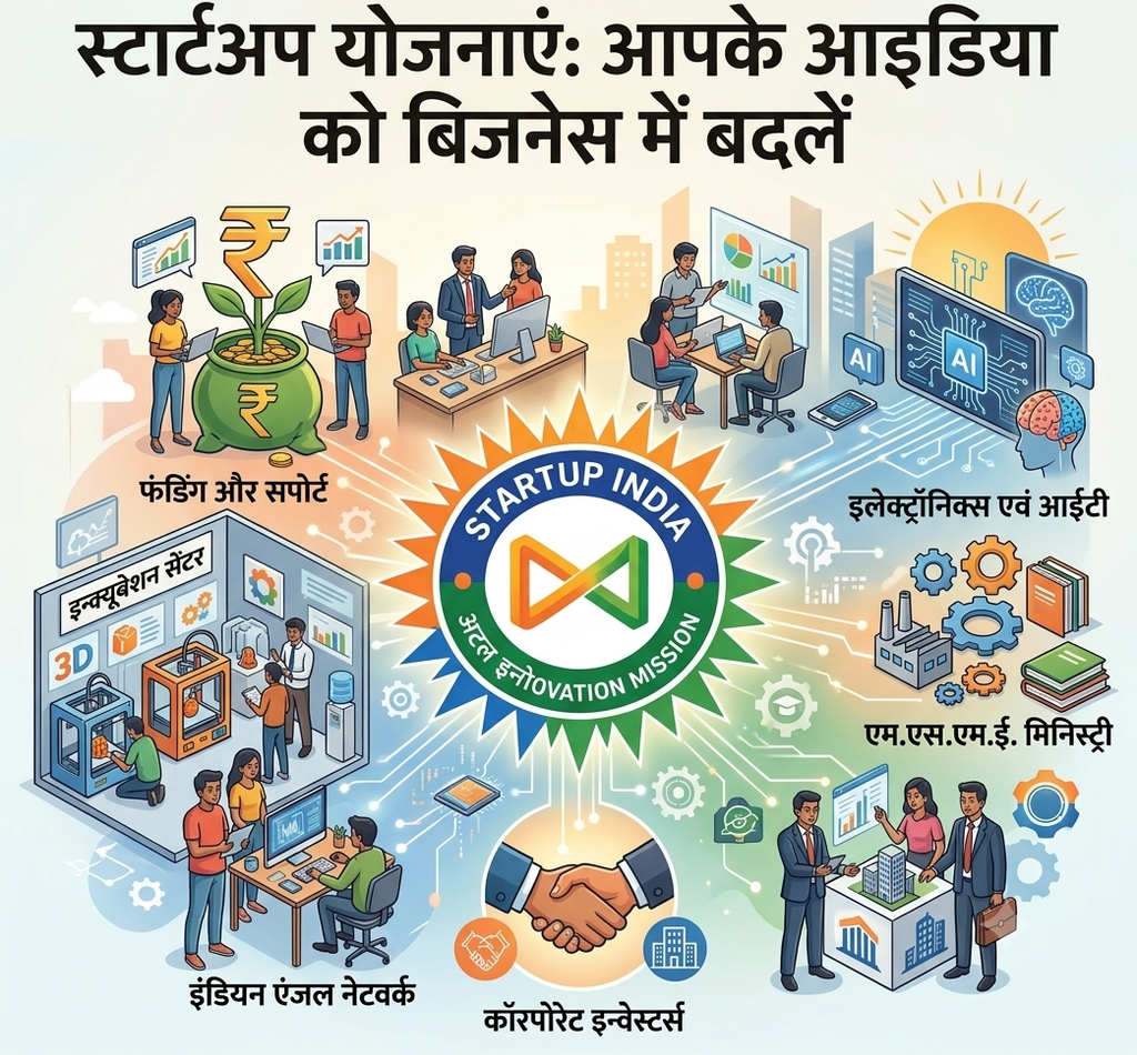 Startup schemes in India banner showing Startup India and Atal Innovation Mission schemes in Hindi