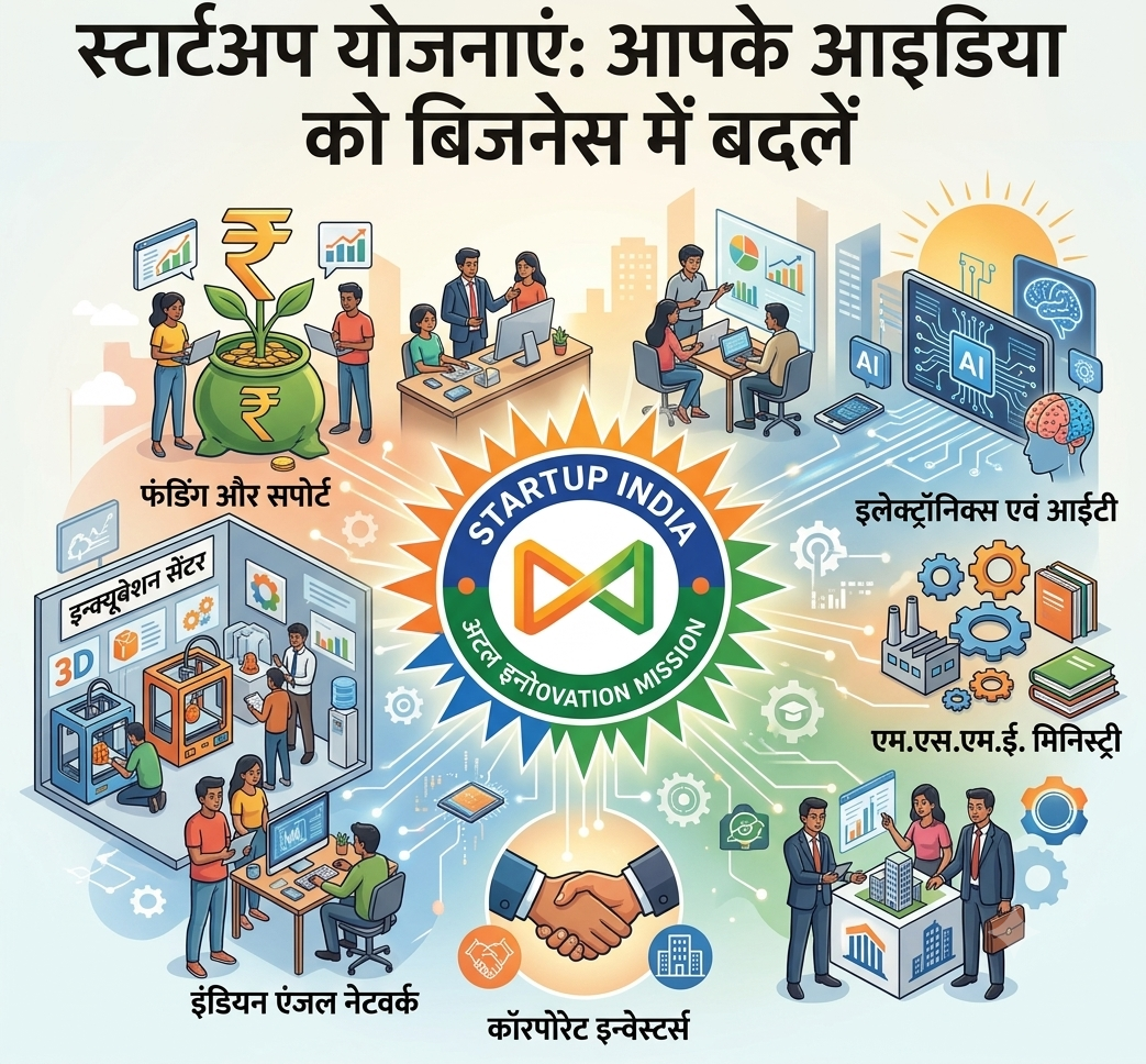 Startup schemes in India banner showing Startup India and Atal Innovation Mission schemes in Hindi