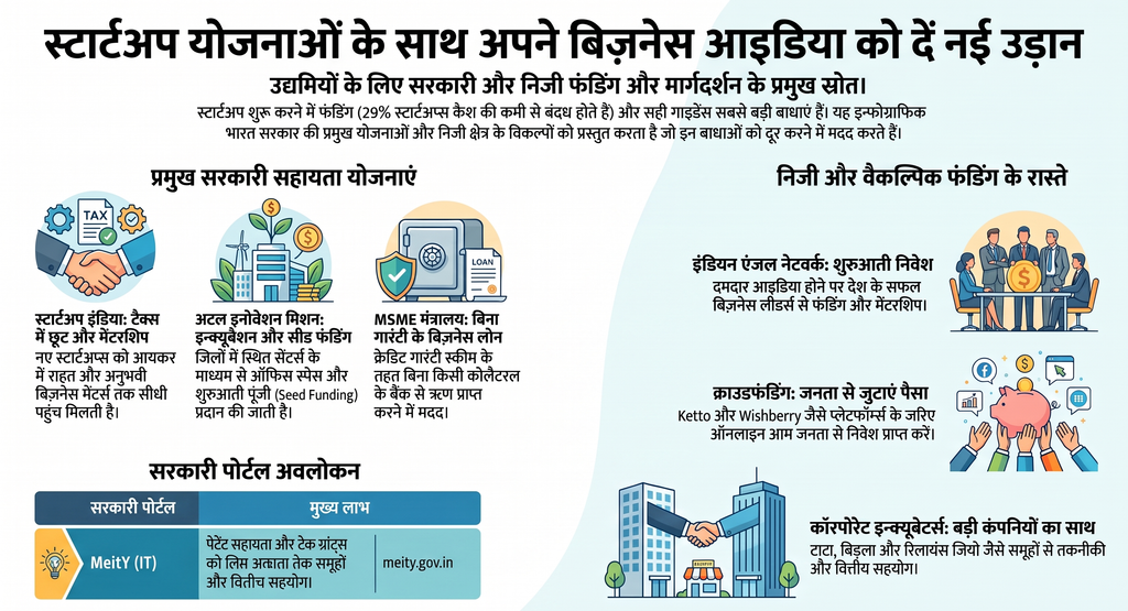 Startup schemes in India banner showing Startup India and Atal Innovation Mission schemes in Hindi